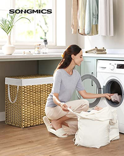 SONGMICS Laundry Hamper with Lid and 2 Sections - Natural 130L Wicker Basket with 6 Mesh Bags