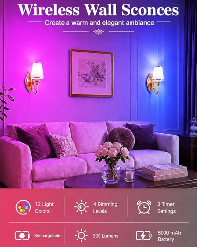 Battery Operated Wall Sconce - 12 RGB Colors & Dimmable, Gold - Wireless