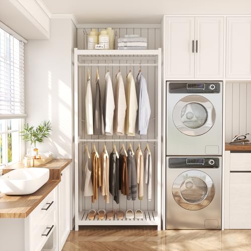 White Bamboo Clothing Rack with Shelves - 33.5” Wide, 78.8” Tall, Double Hanging Rods