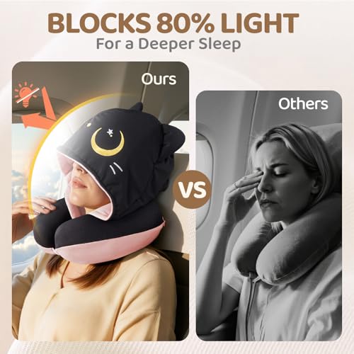 Mewaii Pink Travel Neck Pillow with Hood - Memory Foam & Privacy Cover