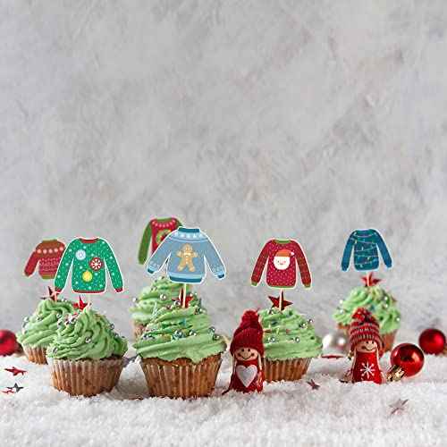 Gyufise 36Pcs Ugly Sweater Cupcake Toppers Christmas Decorations Xmas Party Supplies