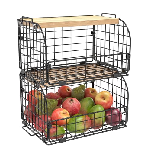 Stackable Wire Basket with Openable Bamboo Top for Kitchen Pantry Storage
