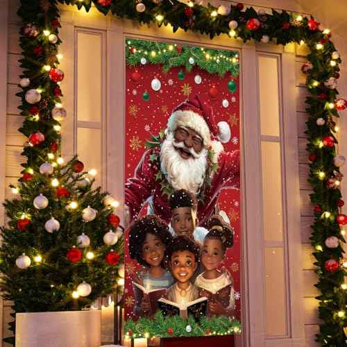 African American Christmas Door Cover Black Santa Claus Banner Black African American Christmas Decor Merry New year Xmas Decor Christmas Decorations for Home Party