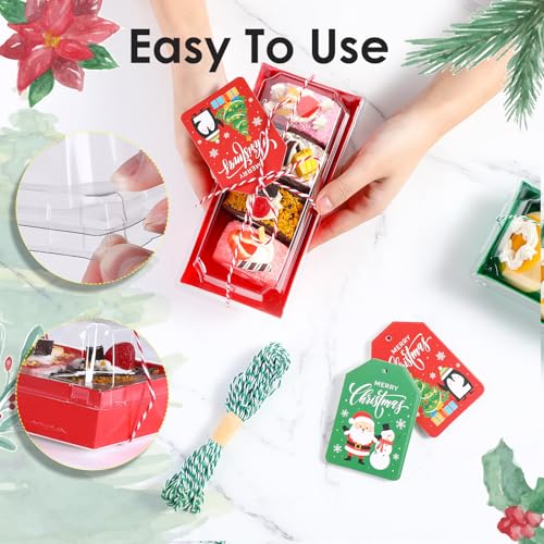 Mooliwe 50 Pcs Christmas Charcuterie Boxes with Ropes & Cards, 7.5" Clear-Lid Dessert Boxes, Red & Green Set for Xmas Party Favors (Variation: 50)