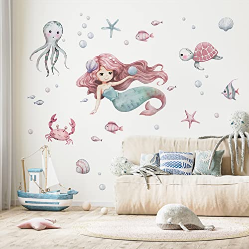 Mfault Mermaid Under The Sea Wall Decals Stickers, Baby Girls Ocean Creatures Nursery Decoration Bedroom Playroom Art, Coastal Beach Octopus Turtles Shell Bubble Fish Kids Room Bathroom Home Decor