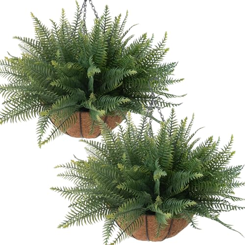 Green Fake Ferns Hanging Baskets - 2 Pcs Outdoor & Indoor Decor, No Maintenance