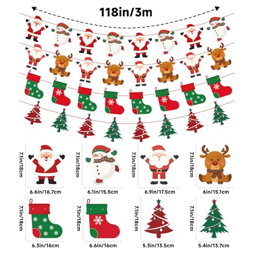 jijAcraft Christmas Banners 4 Pack ? Xmas Decorations with Santa, Snowman, Reindeer & Tree Designs, Pre-Assembled Hanging Bunting Garland for Christmas Party, New Year, School, Office, Fireplace
