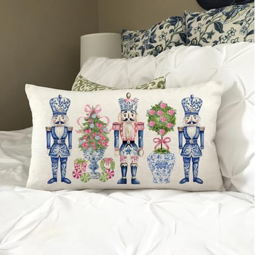 Merry Christmas Throw Pillow Cover 12x20 Inch Chinoiserie Nutcracker Christmas Decor Winter Holiday Party Cushion Case Decoration for Sofa Couch