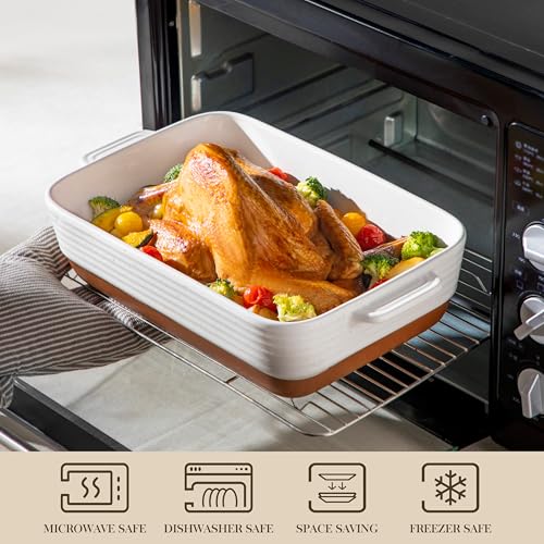 Ceramic Baking Dish Set of 3 - Rectangular Casserole Pans with Handles, Khaki White, Without Racks, Series TARA