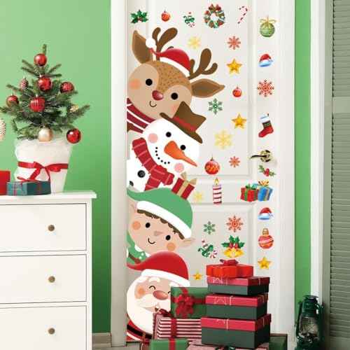 44.88 x 15.75 Inch Christmas Door Decals Christmas Santa Claus Elk Snowman Door Sticker Decor for Holiday Christmas Kids Baby Nursery Playroom Bedroom Classroom Kindergarten Holiday Wall Decor