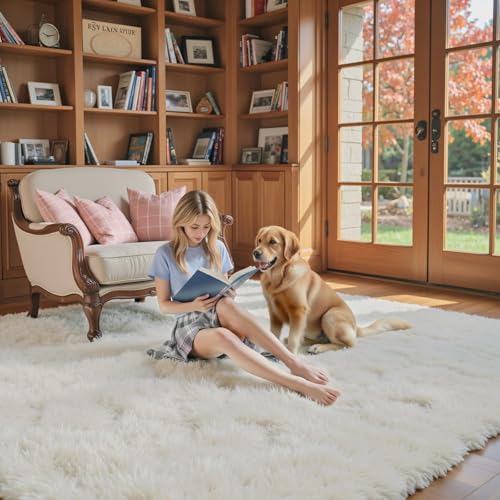 Cream 8x10 Shaggy Area Rug - Plush Furry Living Room Carpet, Large Size
