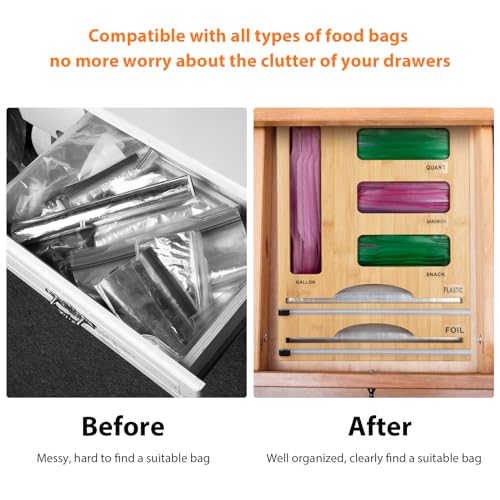 Kitchen Food Wrap & Bag Storage Organizer with Cutter, Bamboo 6-in-1