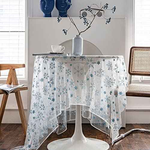 vctops Sparkling Snowflakes Lace Tablecloth Christmas Lace Table Cover Overlay for Party Wedding Kitchen Dining Home Decorations (Blue, 59"x59")