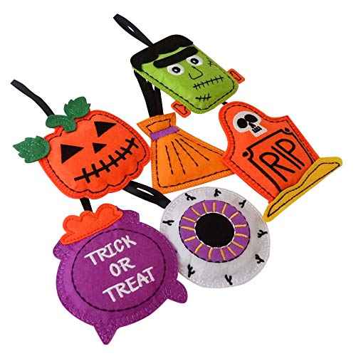 Halloween Ornaments - Set of 6 Plush Felt Handmade Decor - Broom, Jack-o'-Lantern, Frankenstein, Witchcraft, Eyeball, RIP Tomb Design - Halloween Ornaments for Tree