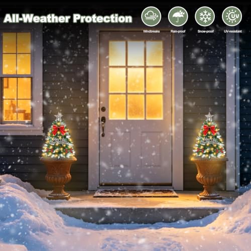 Tailerri Mini Christmas Trees Solar Decor 2 Pack with Snowy Foliage - 8 Lighting Modes