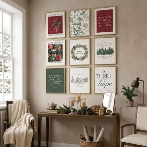 Beayum 9Pcs Vintage Christmas Wall Art 12x16 – Green & Red Bible Verses Unframed Prints