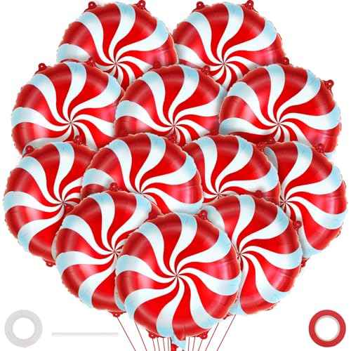 12 Pcs Red Candy Balloons, Christmas Foil Balloons, Large Candy Swirl Mylar Balloon Kit for Christmas Party Birthday Candy Themed Party Decorations