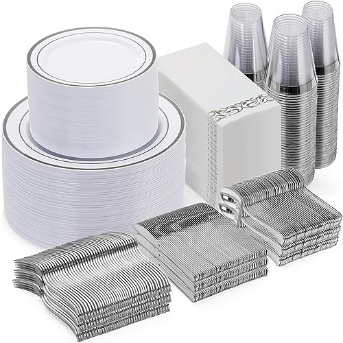 Silver Disposable Dinnerware Set for 100 Guests - 700 Pieces