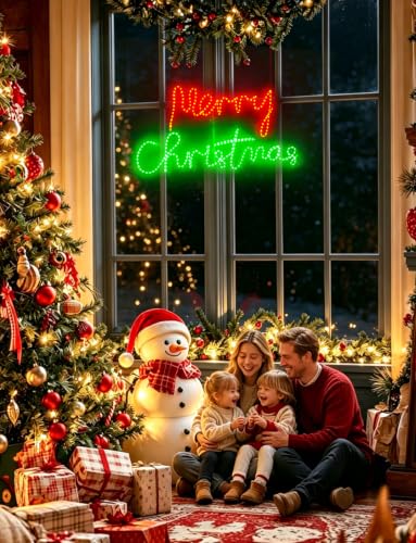 HeliosRibbon 48 Inch Merry Christmas LED Light Sign - Red & Green Outdoor Decor