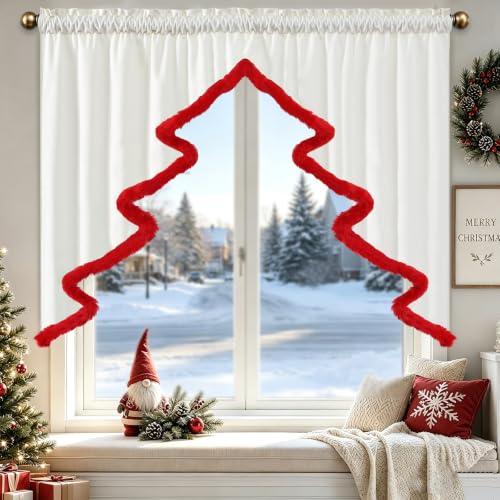 Christmas Tree Valance White Velvet with Red Fluffy Trim, 1 Panel