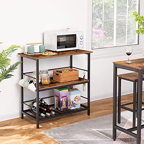 Kitchen Island with Wine Rack and Hooks, Rustic Brown 3-Tier Food Prep Station