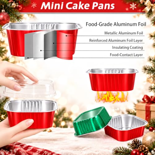 DeziWood 200-Pack 10 oz Christmas Mini Aluminum Cake Pans with Lids, Spoons & Red Green Variation