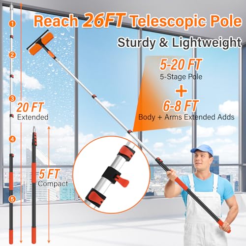 26FT High Reach Telescoping Duster Cleaning Kit with 5-20FT Extension Pole - Includes Multiple Detachable Heads - ACTREY