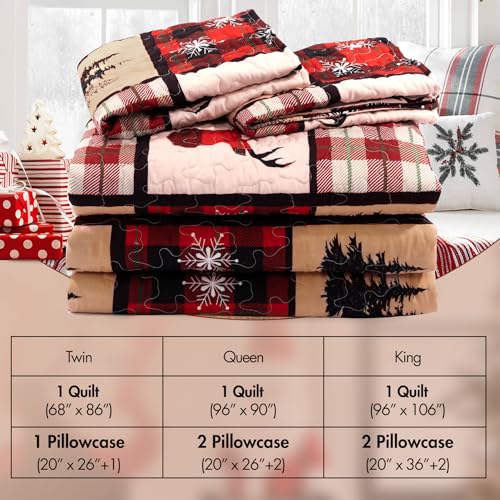 ROMROL Christmas Quilt Set Queen Size Red Bedding with Reindeer & Snowflake Pattern - Elk Variant