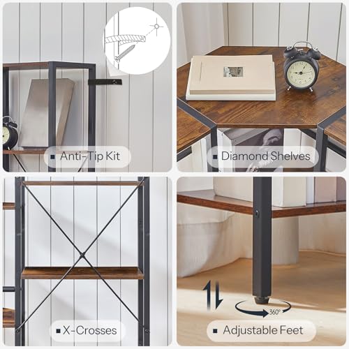 Industrial Corner Bookshelf - 5-Tier L-Shaped Bookcase with Rustic Finish