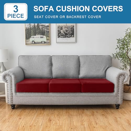 Taque Christmas Red 3-Piece Velvet Stretch Sofa Cushion Covers, Elastic Slipcovers for 21-24" Cushions