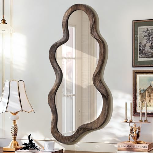 Asymmetrical Cloud Wall Mirror - 47" x 22" Vintage Brown Wood Frame