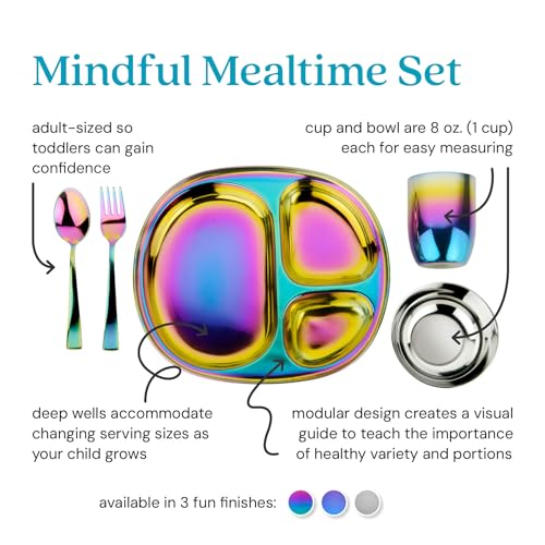 Rainbow Kids Stainless Steel Dinnerware Set - 5-Piece Toddler Plate Bowl Cup Fork Spoon - Safe Non-Toxic for Ages 1-5 (Variation: Rainbow / 5 Piece Set)