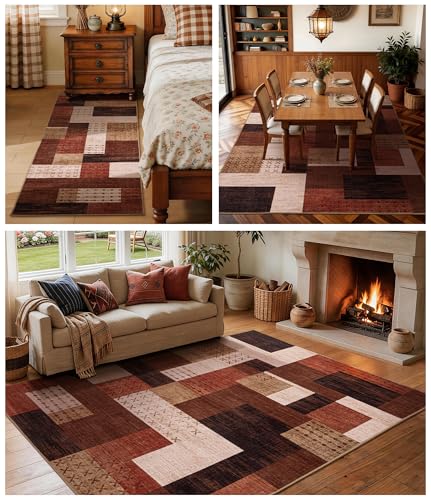 YIHOUSE Brown 5' x 7' Modern Geometric Patchwork Rug for Living Room & Bedroom