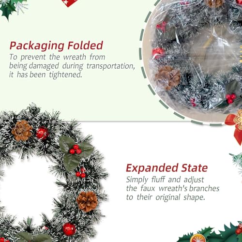 2 Pack Christmas Wreaths 13.8in Front Door with Rope & Hooks, Red Berries & Pinecones