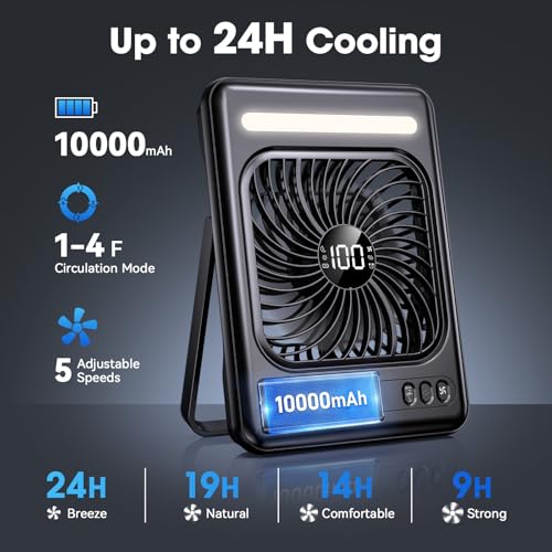 Portable Travel Fan with 10000mAh Power Bank and LED Lantern - Black
