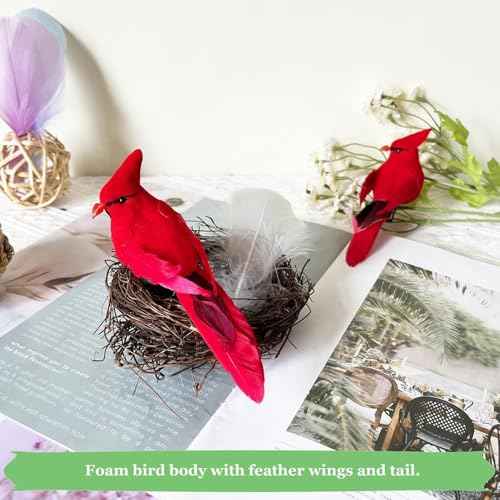 6pcs Red Cardinals Bird Decor Christmas Tree Ornaments 5.5Inch Clip on Fabric Feathered Artificial Birds for Xmas Party Decoration Wreath Crafts