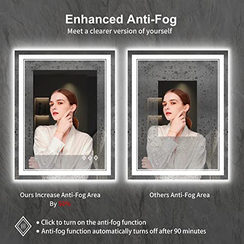 VanPokins 24x32 Inch Front & Backlit LED Bathroom Mirror with Anti-Fog, Dimmable Lights