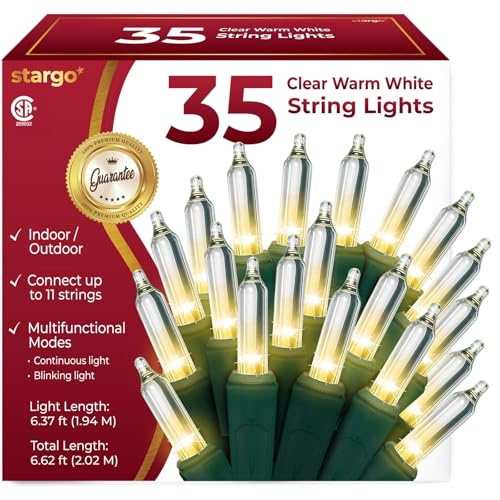 Clear Warm White Christmas Tree Lights - 6.3 ft String of 35 Incandescent Mini Bulbs Multifunctional Lighting Modes, for Decorative, Bedroom, Outdoor, Xmas Twinkle Lights with Green Wire Total 6.6 ft