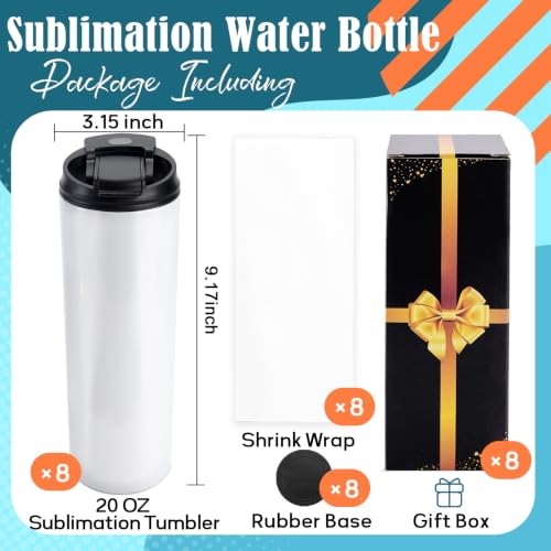 Joyclub White 8 Pack 20oz Sublimation Water Bottles with Dual Openings & Leakproof Lids