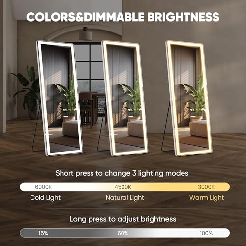 LED Full Length Standing Mirror 64" x 21" with Three Color Modes - White LED Arched Floor Mirror
