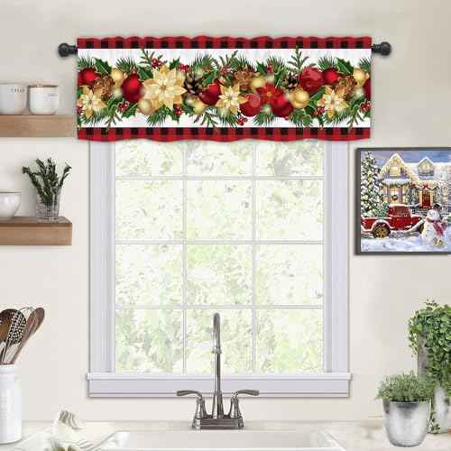 Christmas Valances for Windows, Rod Pocket Floral Patterns Winter Christmas Valance Curtains, Xmas Valance Curtains for Living Room, Bedroom, 54x18 Inch