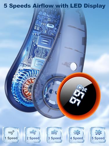 FYALLASO Dark Blue Neck Cooling Fan, Hands-Free Wearable Personal Cooler with 3 Motors & LED Display