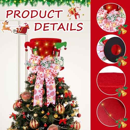 Christmas Tree Topper Hat, Large Red Bow Christmas Tree Topper, Lighted Red Velvet Hat with Elf Legs Christmas Tree Decorations, Tabletop Ornaments for Holiday Home Decor