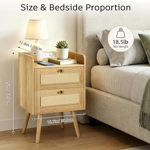 EOLULIG Rattan Nightstands Set of 2 with Natural Wood Finish, Boho Bedside Tables with 2 Drawers & Built-in Charging Station