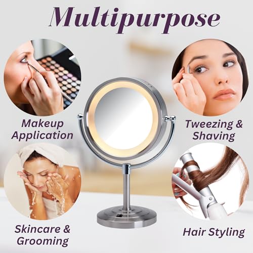 Lighted Makeup Mirror with 5X Magnification and Built-In Outlet - Nickel Finish