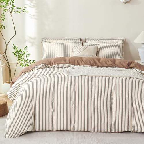Dark Brown Striped Queen Comforter Set 3 Pieces Microfiber Bedding