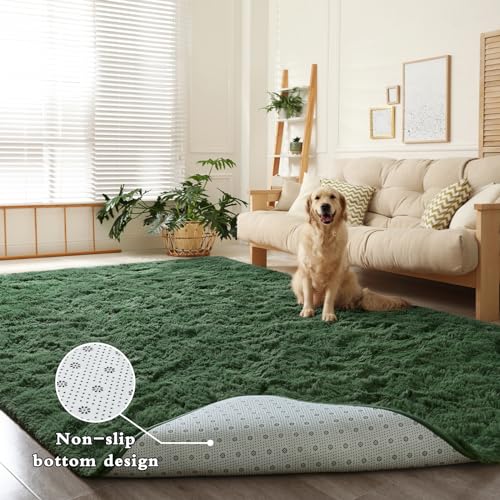 Dark Green 8x10 Plush Shaggy Rug for Living Room & Bedroom - Non-Slip, Machine Washable