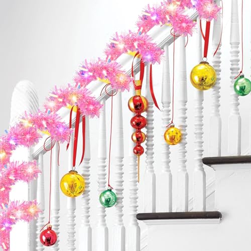 CCINEE DK217 16ft Pink Lighted Tinsel Garland – Prelit Twisted Indoor Christmas/Wedding Decor