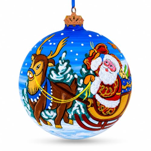 Santa in Sleigh with Reindeer Glass Ornament - 4 Inch Hand-Painted Christmas Gift