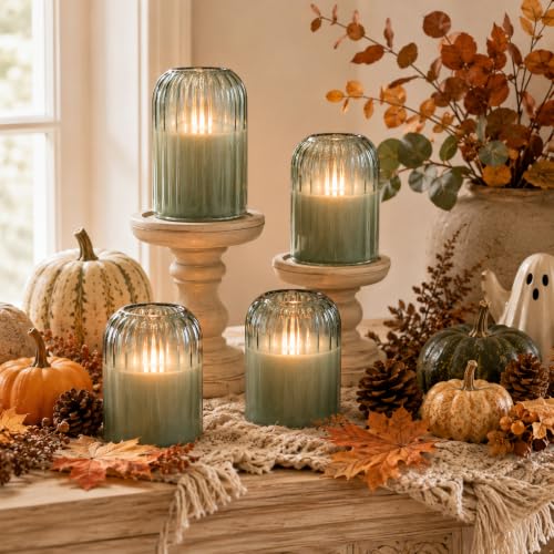 Green Glass Flameless Candles with Remote - Set of 4 LED Pillar Candles with Timer